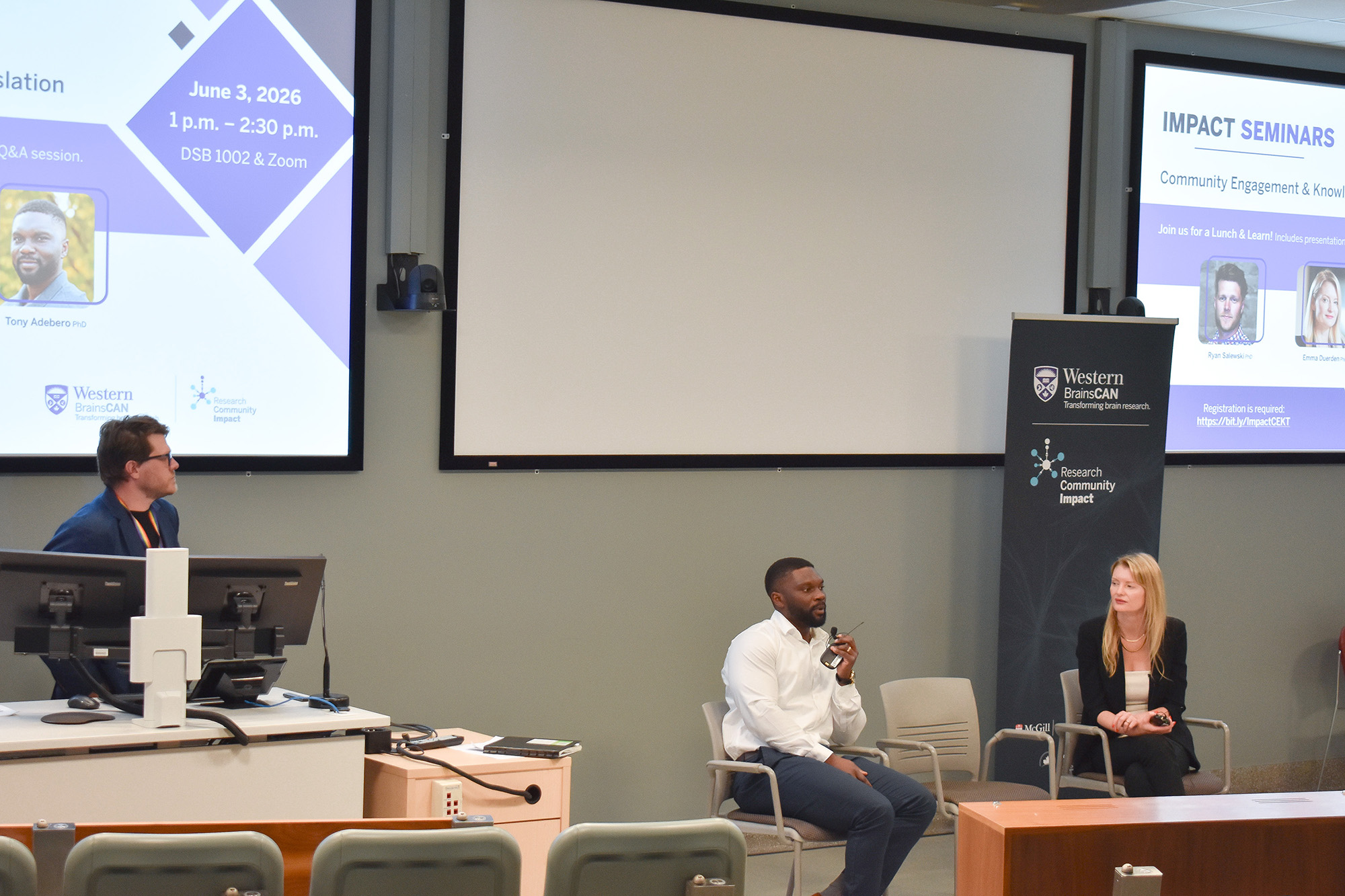 Ryan Salewski, Tony Adebero, and Emma Duerden speaking at the seminar